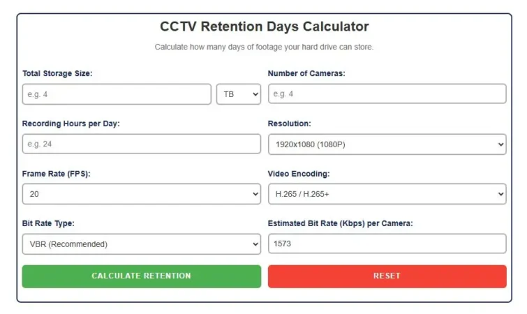 CCTV Retention Days Calculator